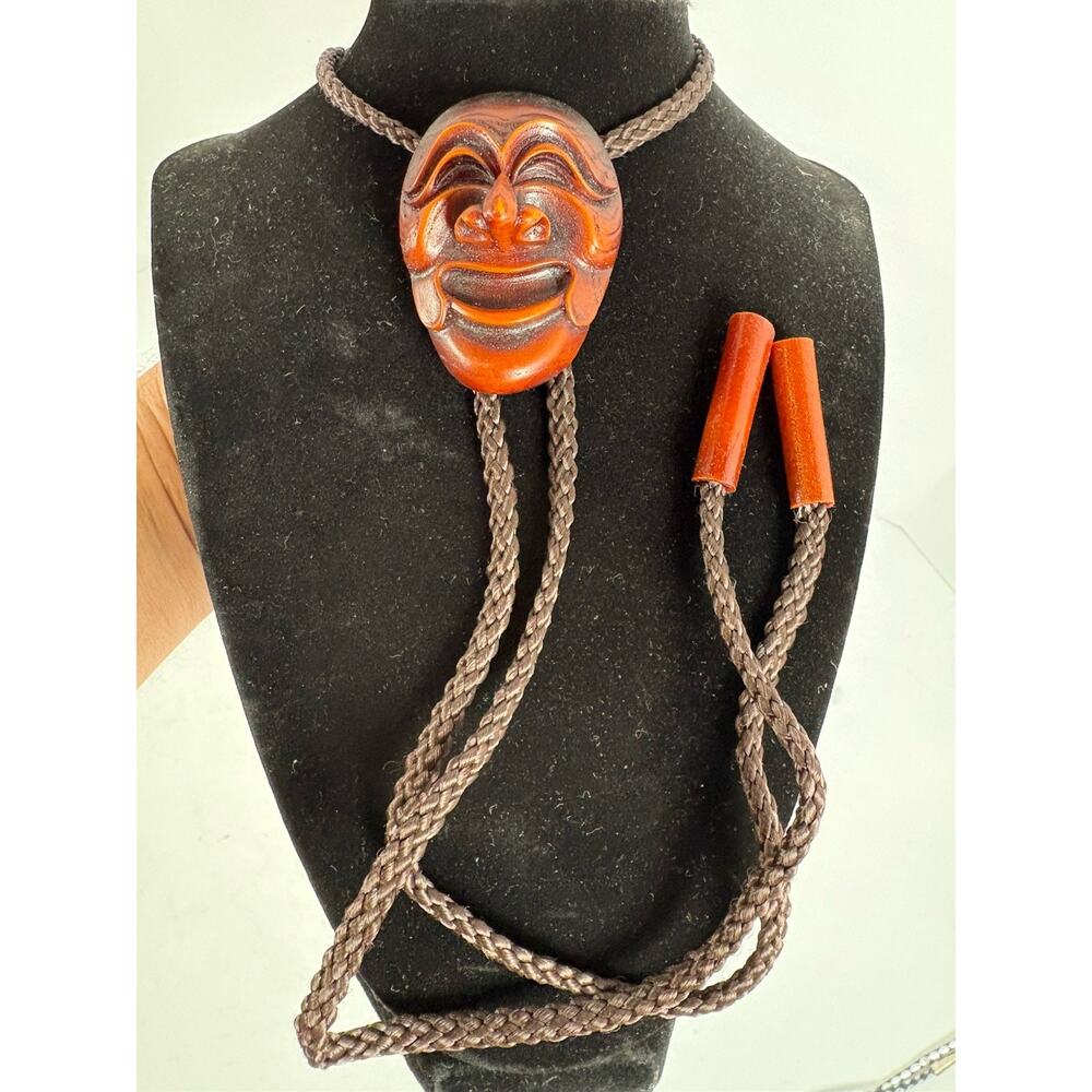 Vintage Bolo Tie Comedy Face Mask Carved Wood Necklace Korean Hahoe